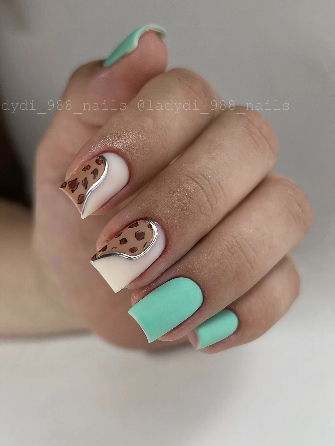 September nail designs 2026 Mint Short Squares With Leopard Accent Nails