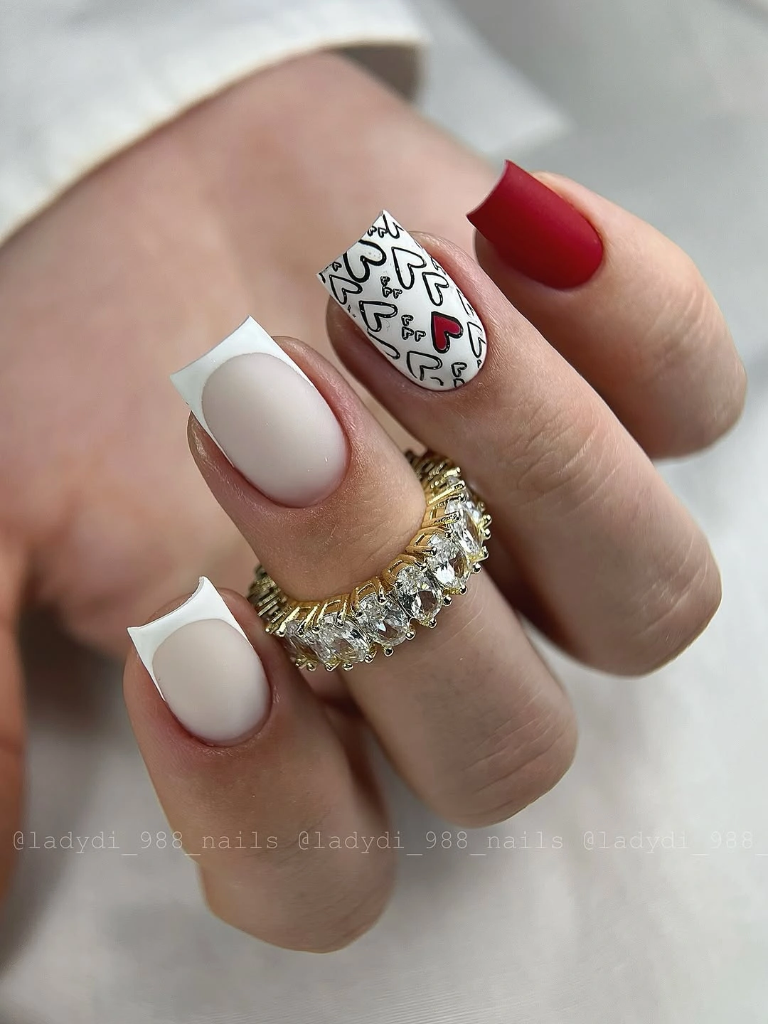 September nail designs 2026 White Square Nails With Red And Letter-Print Accents