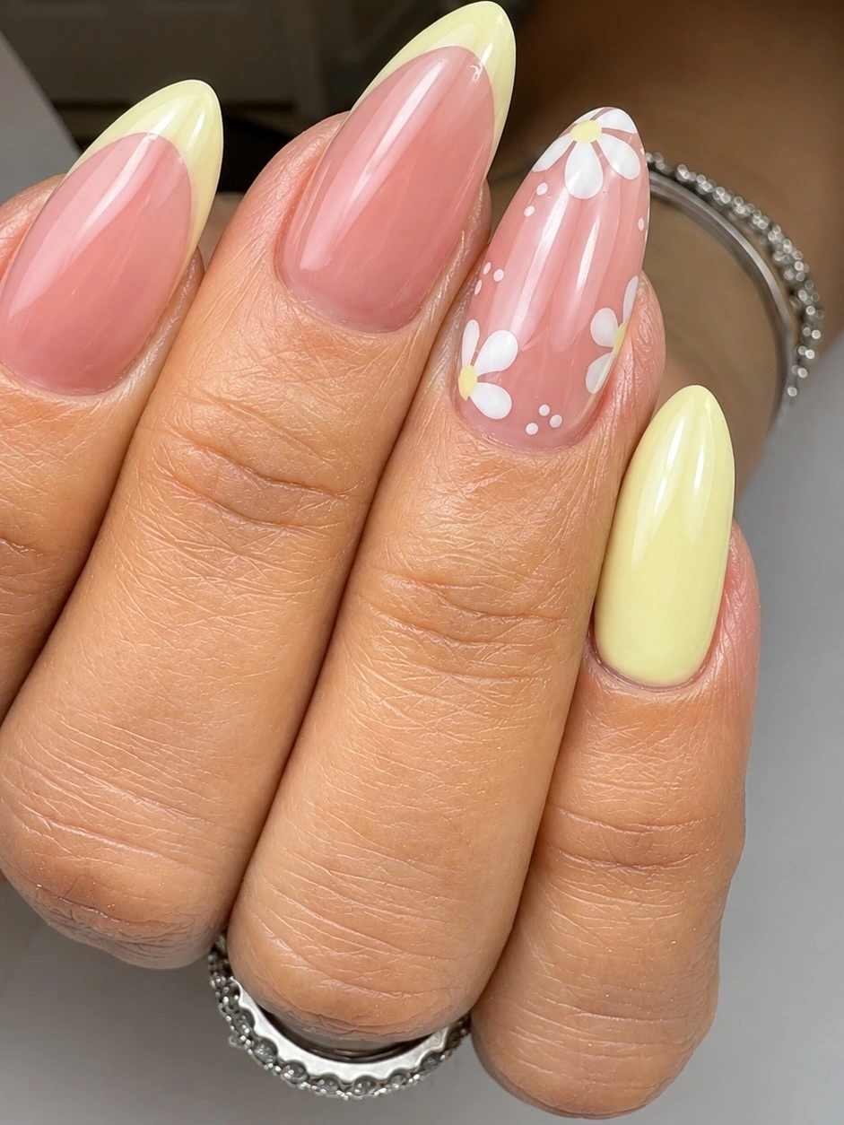 September nail designs 2026 Lemon Yellow And Pink Nails With Tiny White Flowers