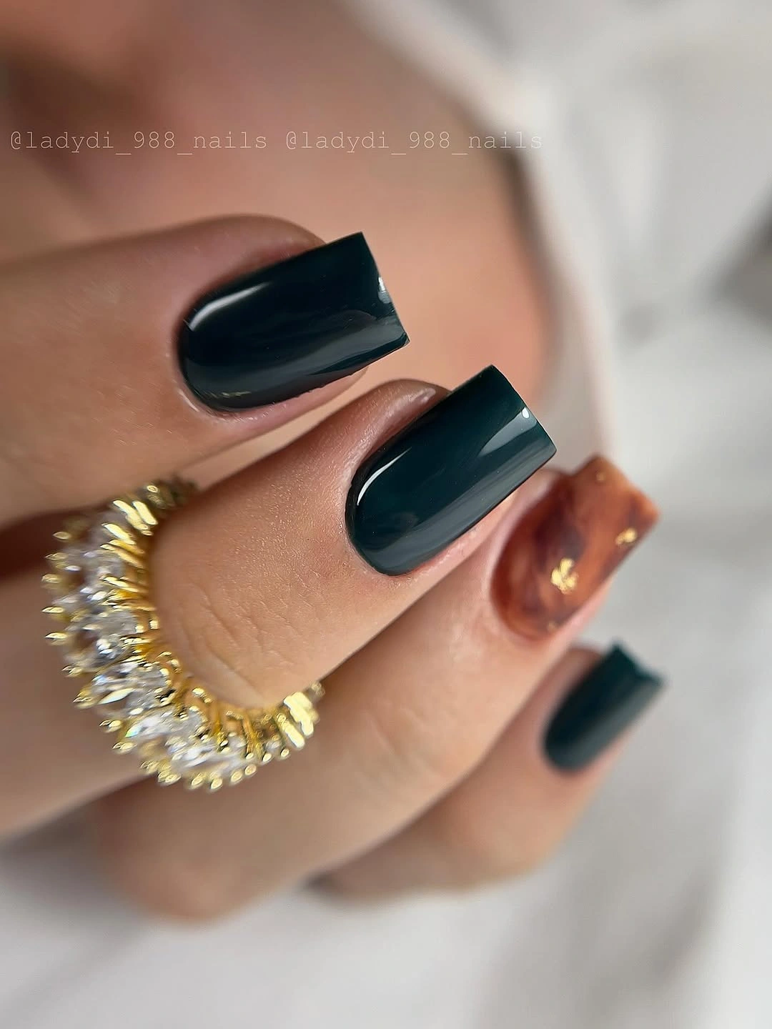 September nails color 2026 Dark Teal Short Squares With One Copper Accent
