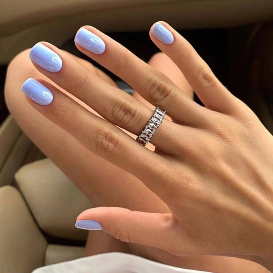 September nails color 2026 Powder Blue Short Nails With Tiny Dot Accents