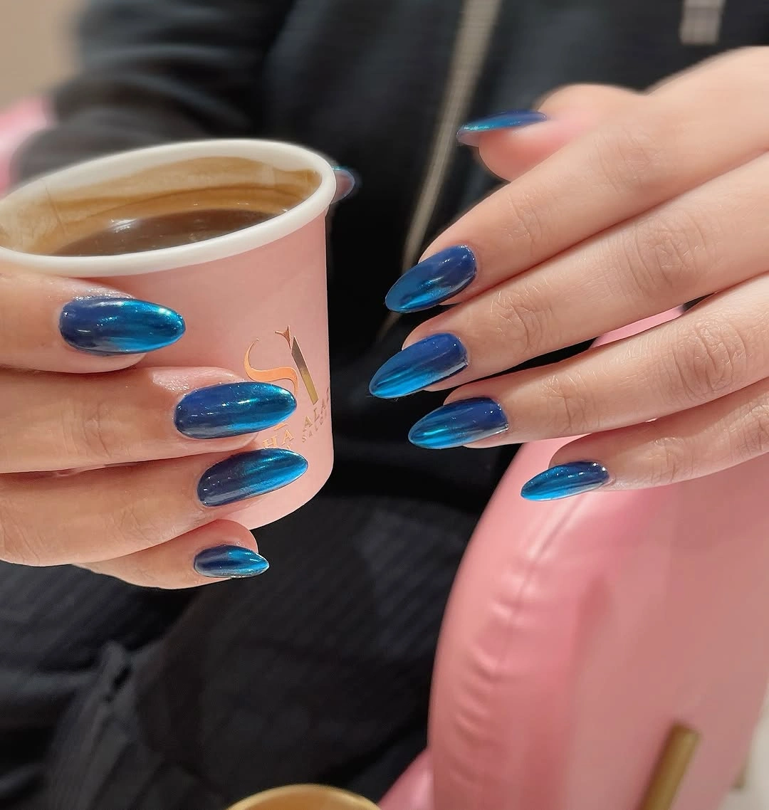 September nails color 2026 Glossy Cobalt Almond Nails For A Bright Shift