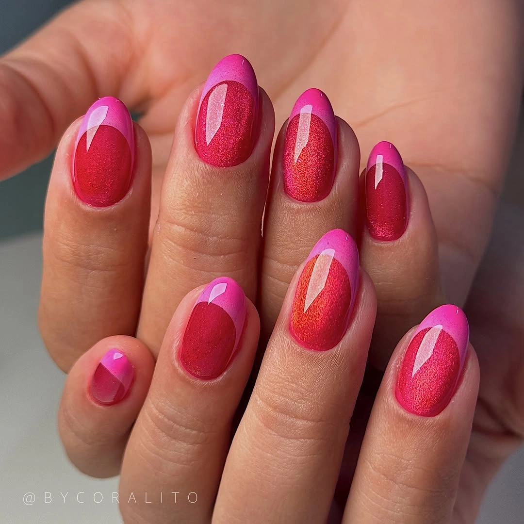 September nails color 2026 Red And Hot Pink Nails With Curved Panels