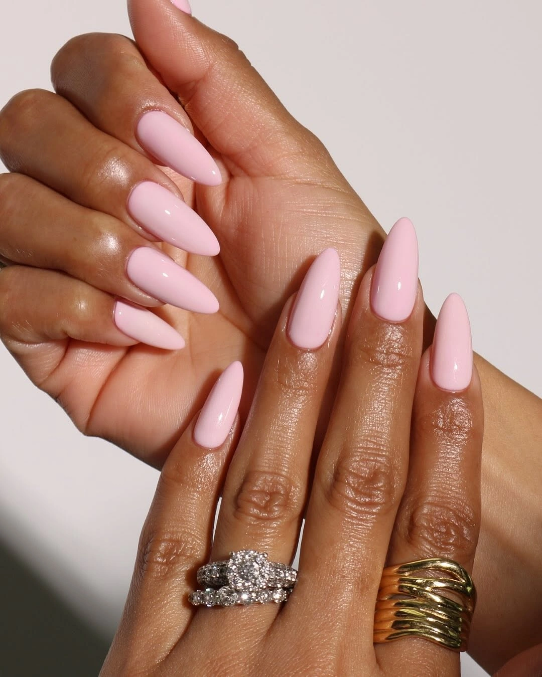 September nails color 2026 Long Baby Pink Almond Nails With Shine