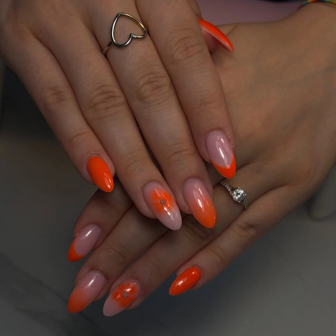 September nails color 2026 Orange Almond Nails With Sheer Accent Details