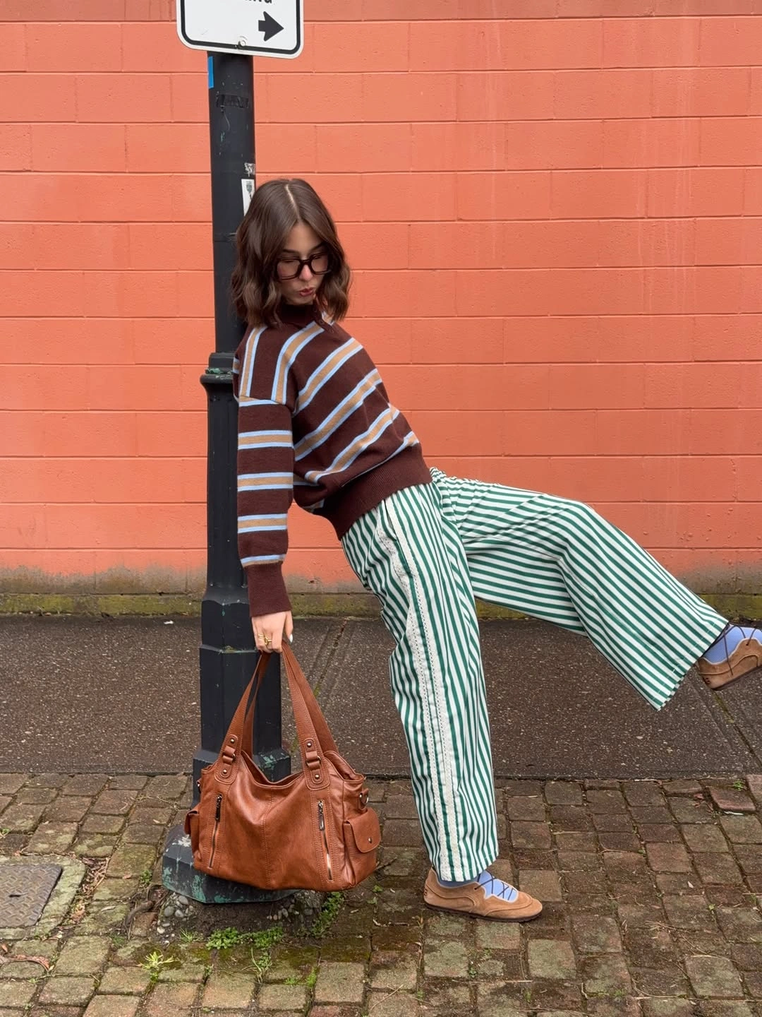 September outfits ideas 2026 Striped Sweater With Green Wide Pants