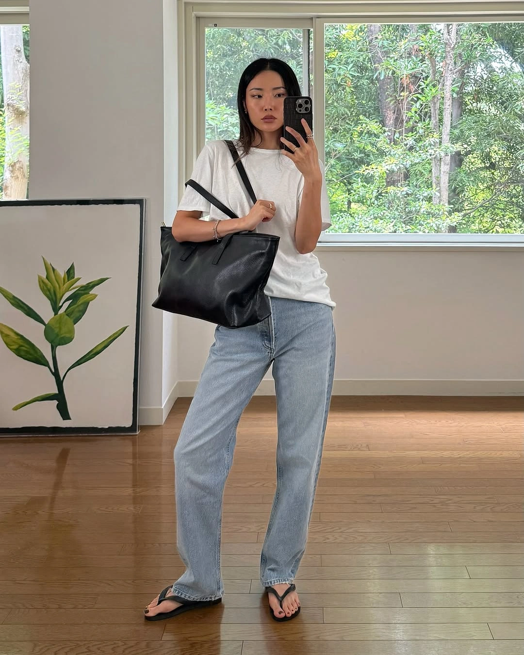 September outfits ideas 2026 White Tee With Pale Jeans And Black Tote