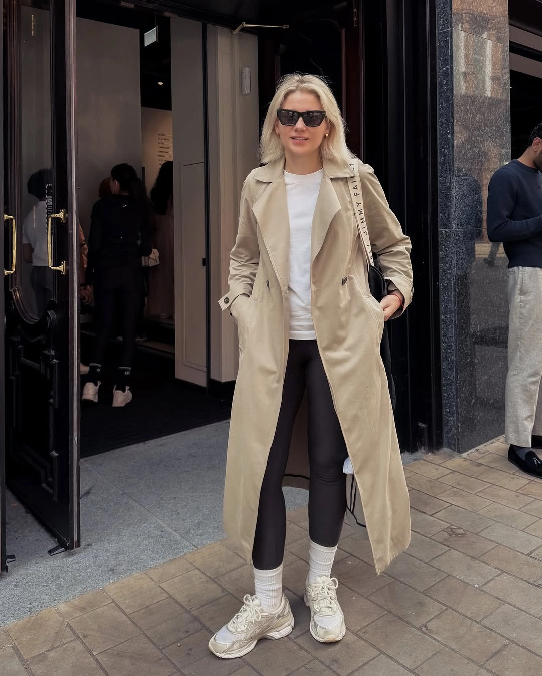 September outfits ideas 2026 Trench Coat With Leggings And Chunky Sneakers
