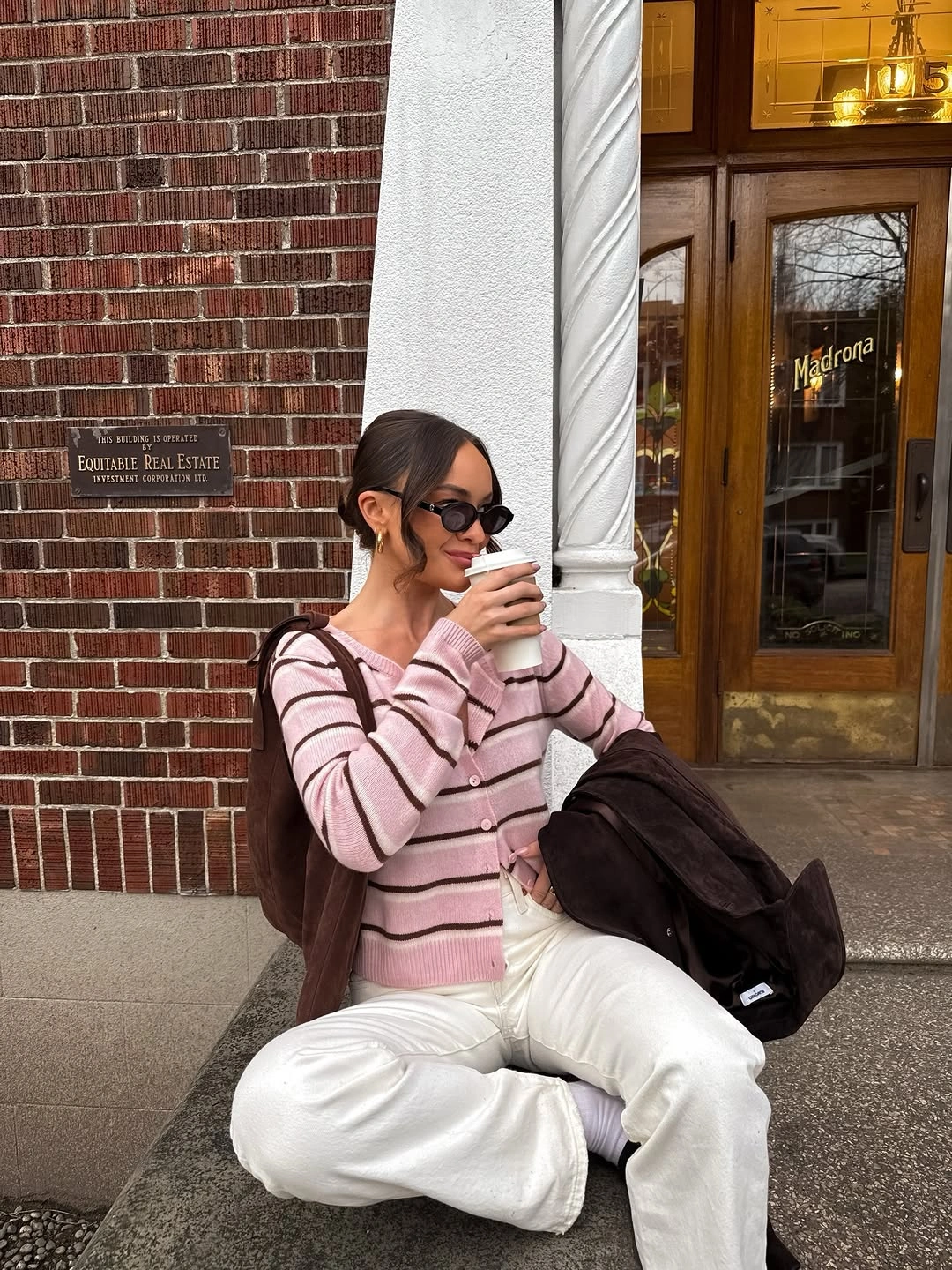September outfits ideas 2026 Pink Striped Cardigan With White Pants
