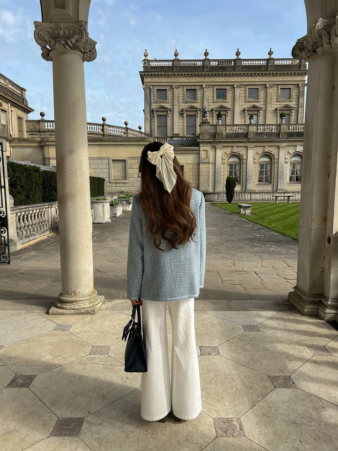 September outfits ideas 2026 Gray Sweater With Cream Trousers From The Back