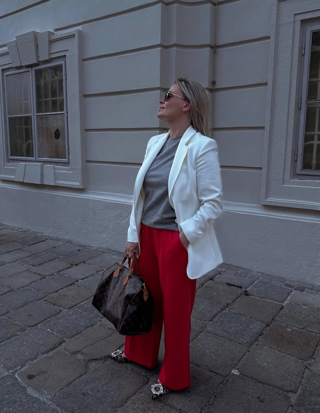 September outfits ideas 2026 White Blazer With Red Wide Pants