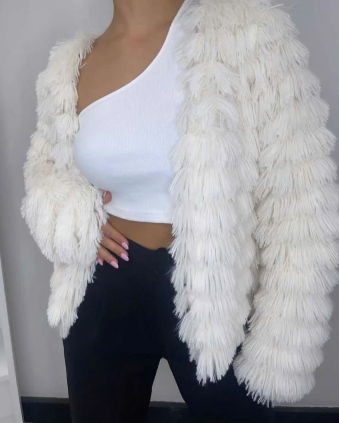 shaggy jacket Clean Monochrome Styling With a Modern White Jacket