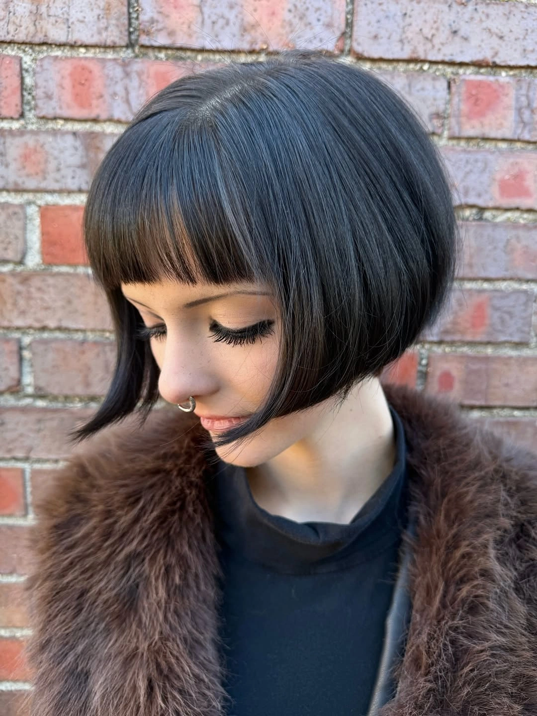 short bobbed hairstyle Rounded Micro-Bang Bob With Graphic Shape