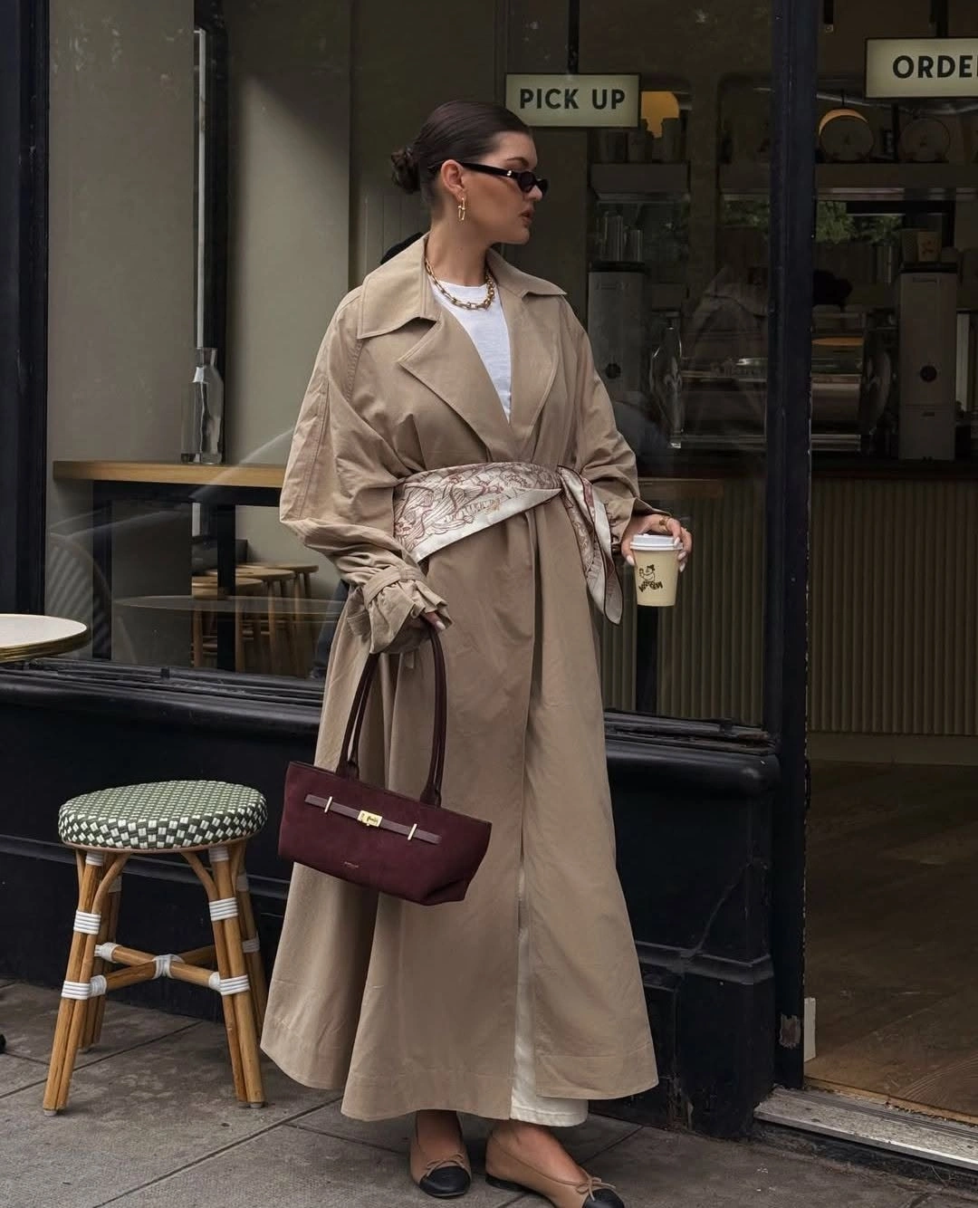 Trench coat fall outfits 2026 Elegant Beige Trench with a Silk Scarf Belt