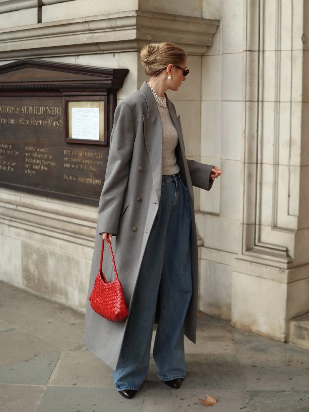 Trench coat fall outfits 2026 Gray Tailoring with Denim and a Bold Pop of Red