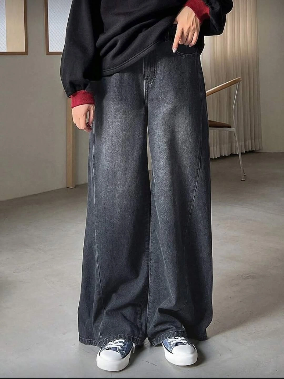 wide leg jeans outfit fall 2026 Relaxed Oversized Layers With Charcoal Wide-Leg Denim