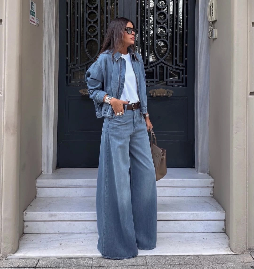 wide leg jeans outfit fall 2026 Modern Double Denim in Soft Light Wash Tones