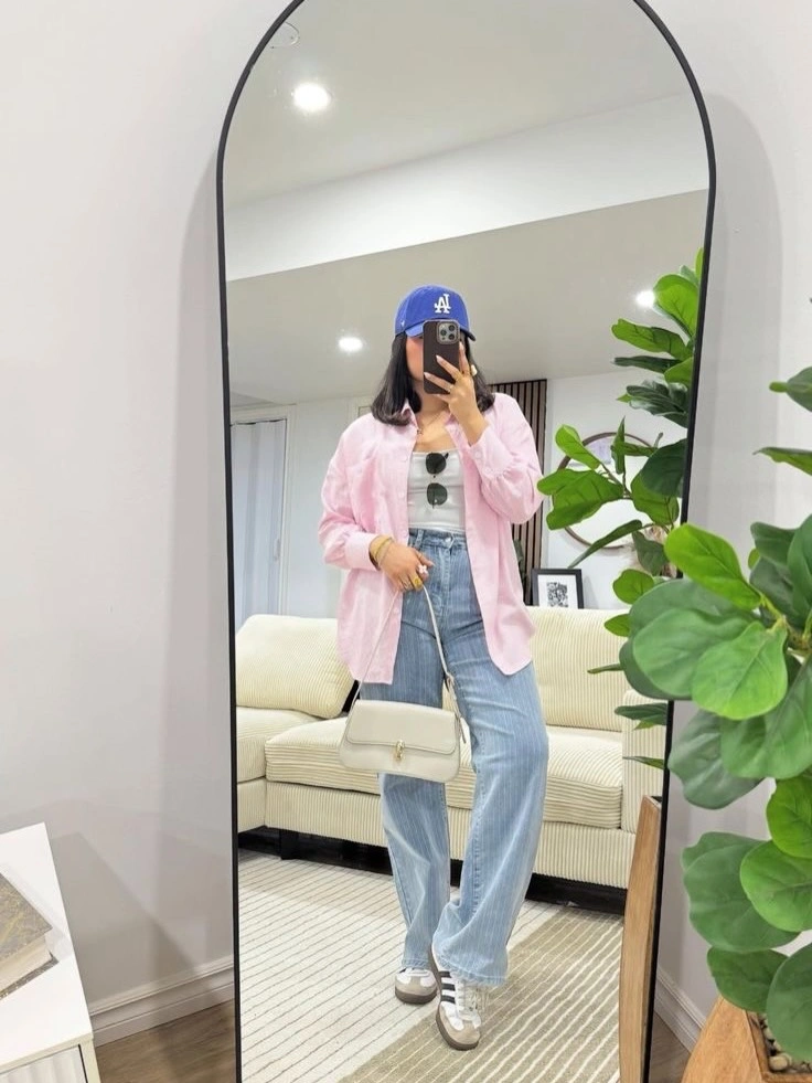 wide leg jeans outfit fall 2026 Soft Pastel Layers That Brighten Light Wash Denim