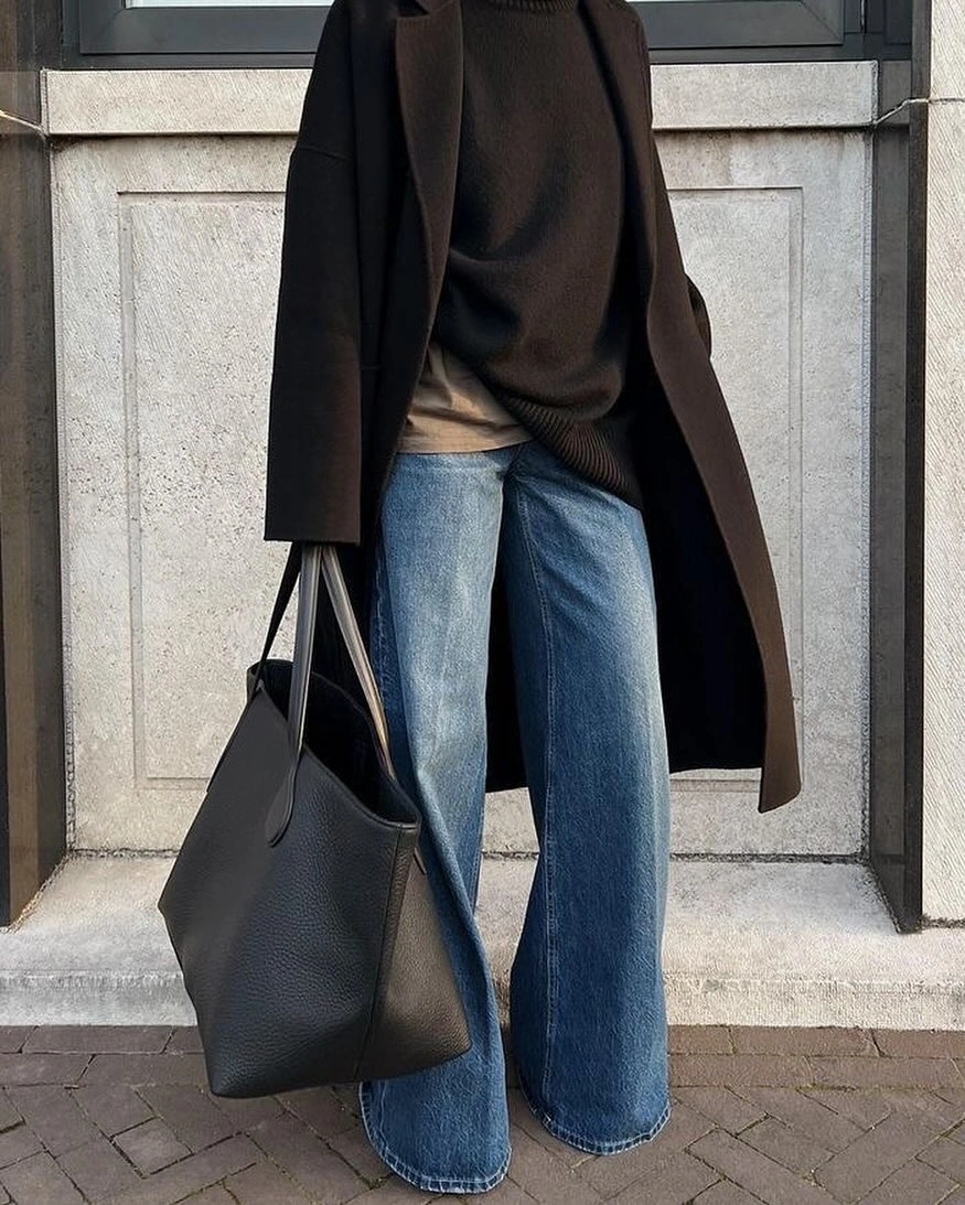 wide leg jeans outfit fall 2026 Dark Minimalist Layers With Wide-Leg Denim