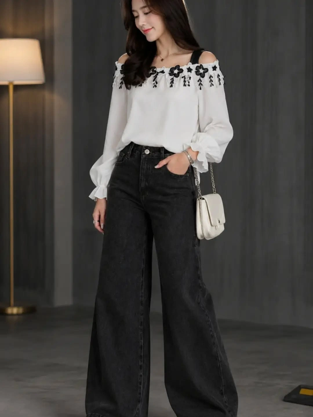 wide leg jeans outfit fall 2026 Romantic Black and White Styling With Elegant Wide-Leg Denim