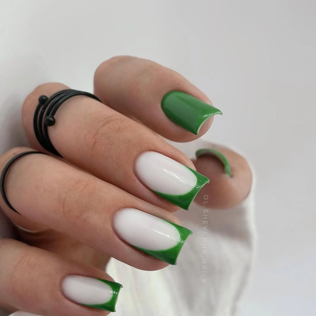 Medium square nails with crisp green French tips