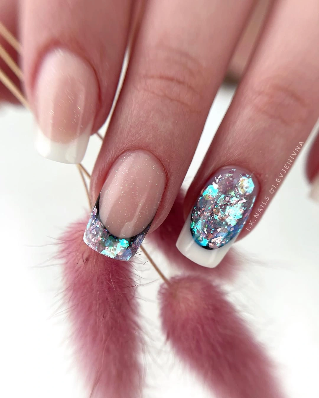 Soft pink square nails with reflective accent tips