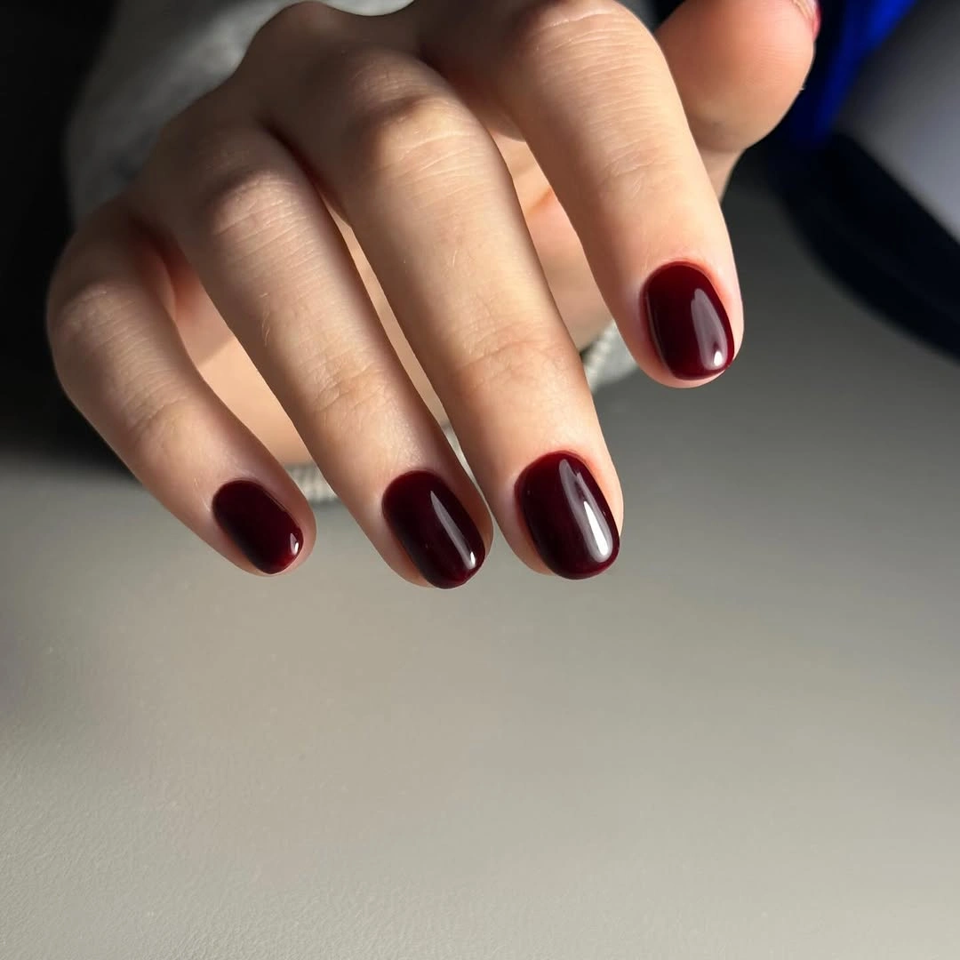Short rounded glossy burgundy nails with rich shine