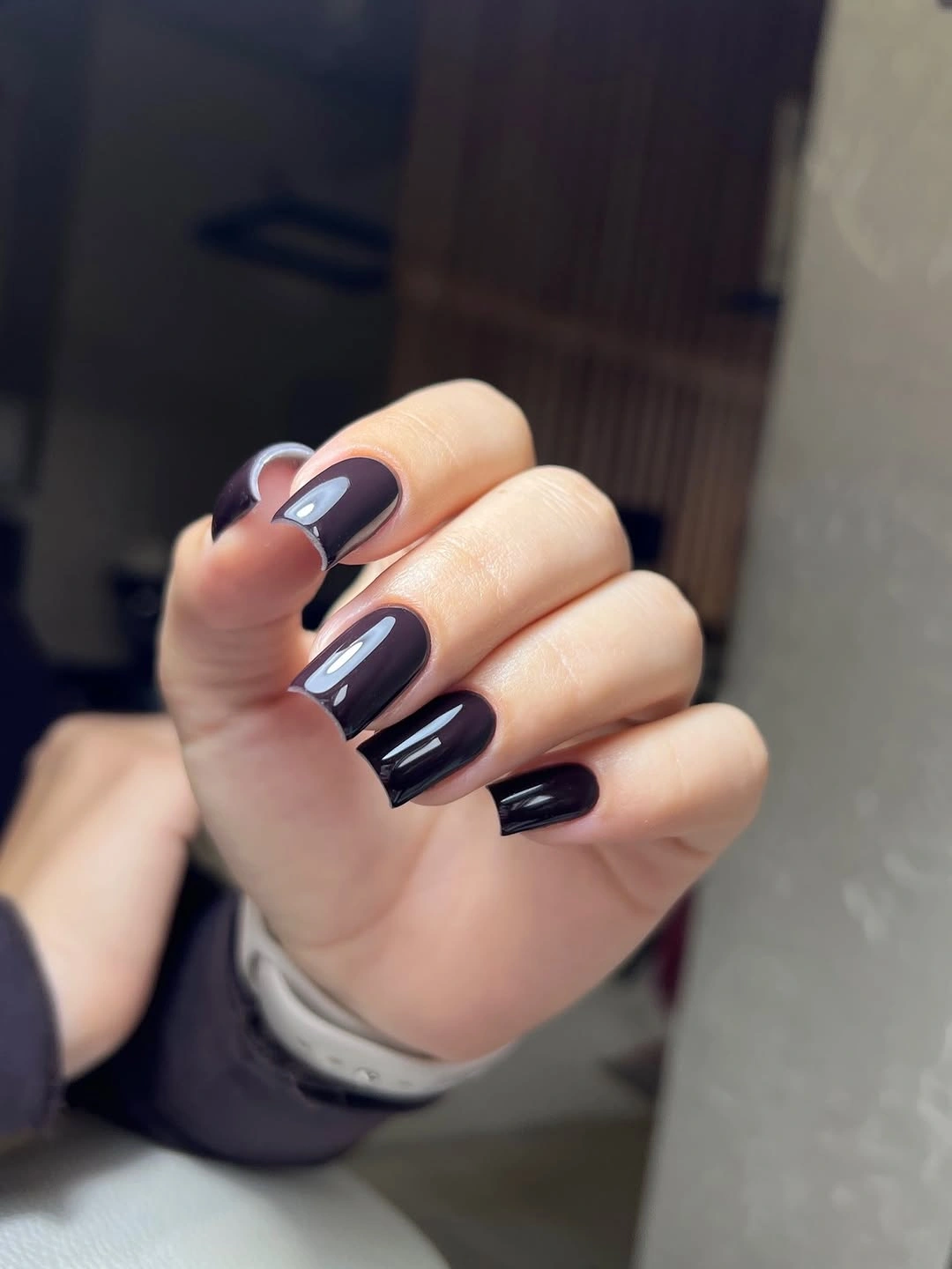 Short glossy deep plum square nails