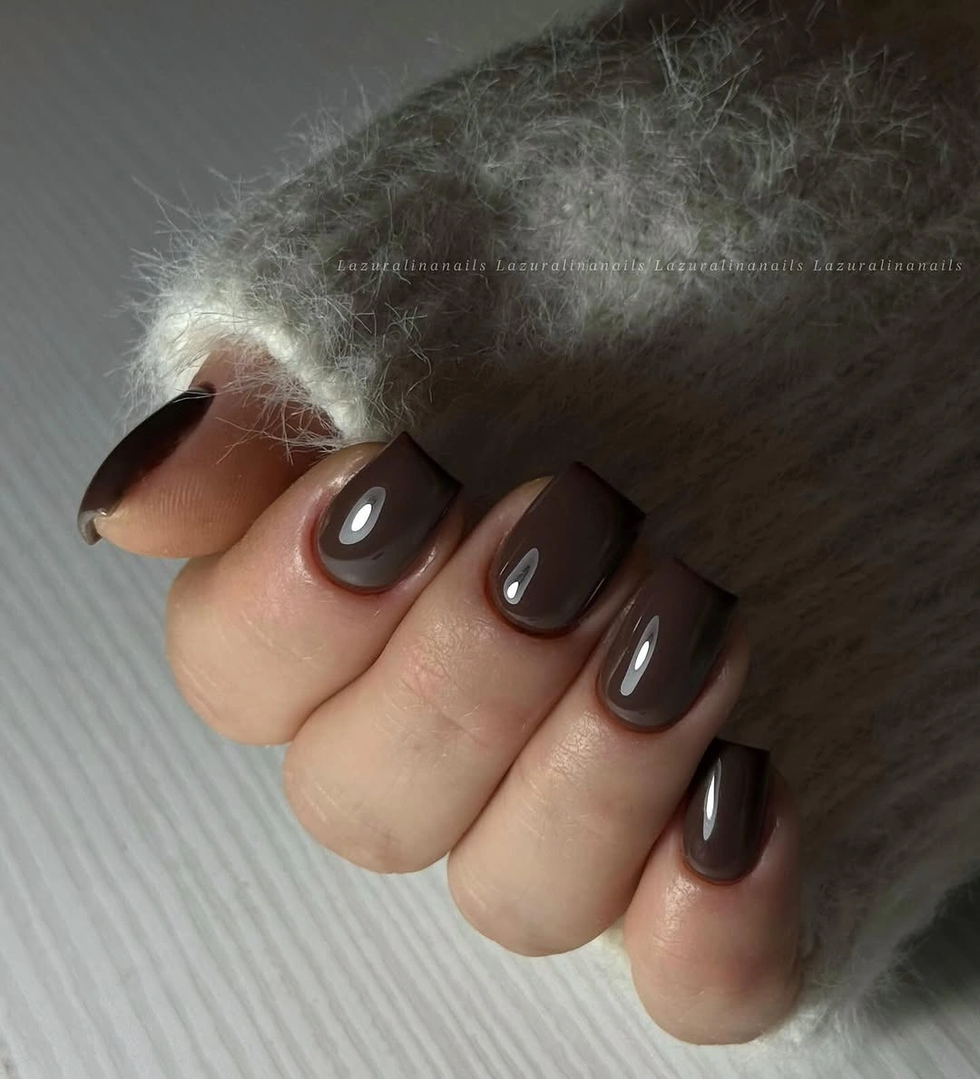 short rounded square nails in glossy warm medium brown
