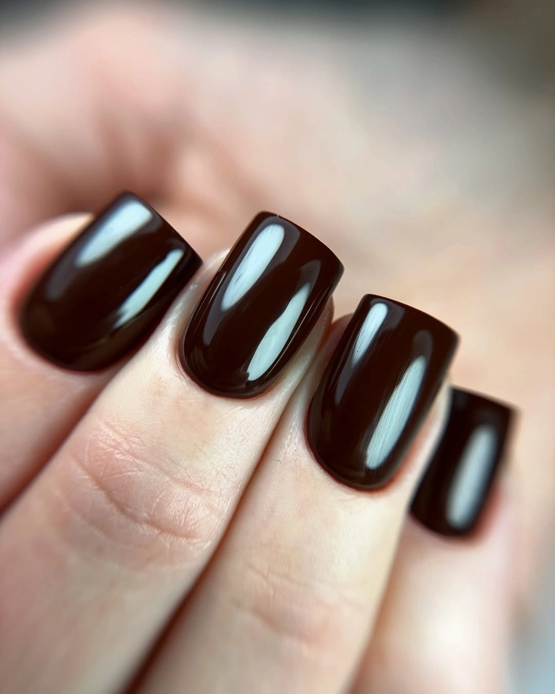 short square nails in glossy dark espresso brown