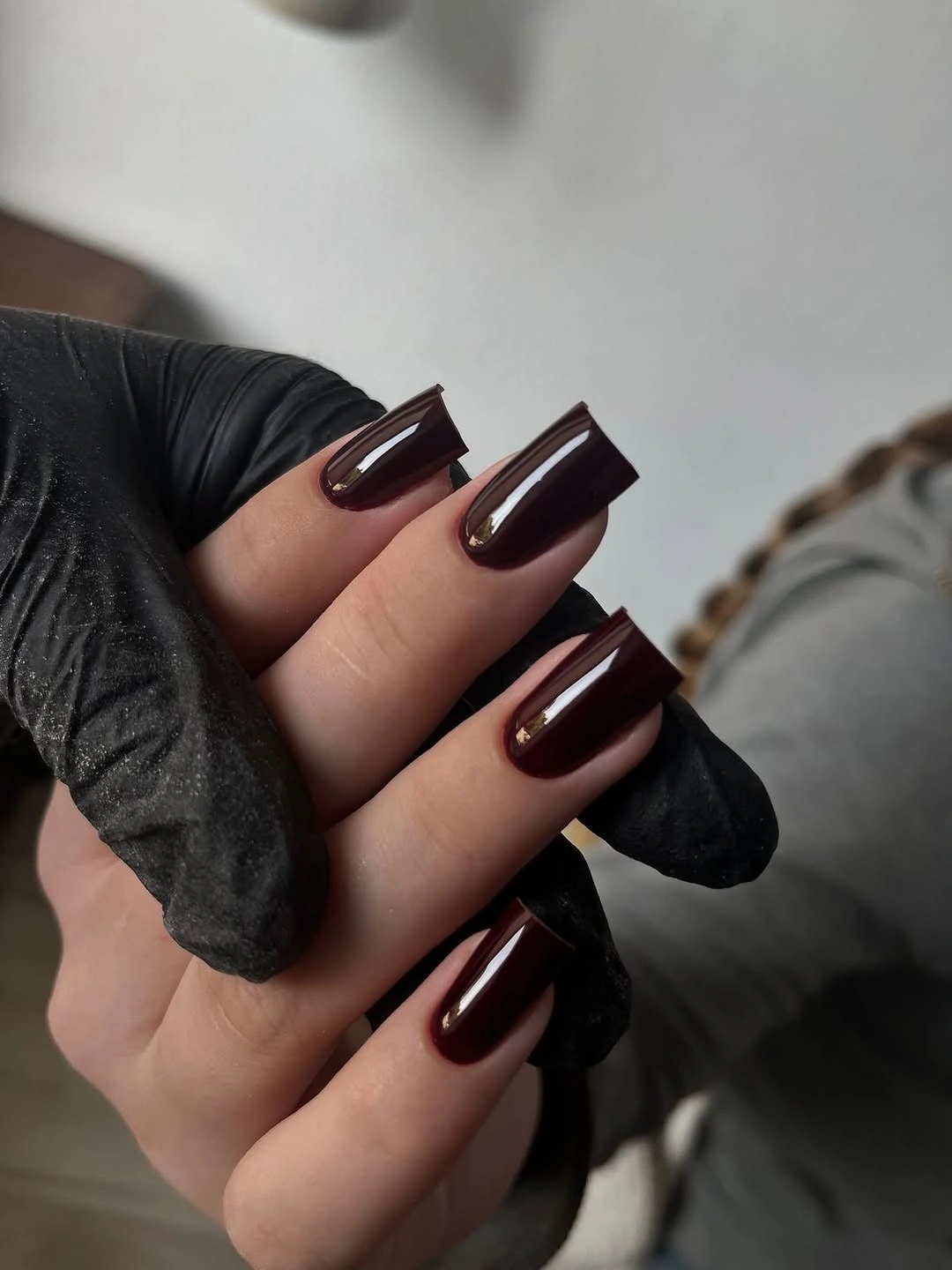 short square nails with sheer nude and brown marble swirls
