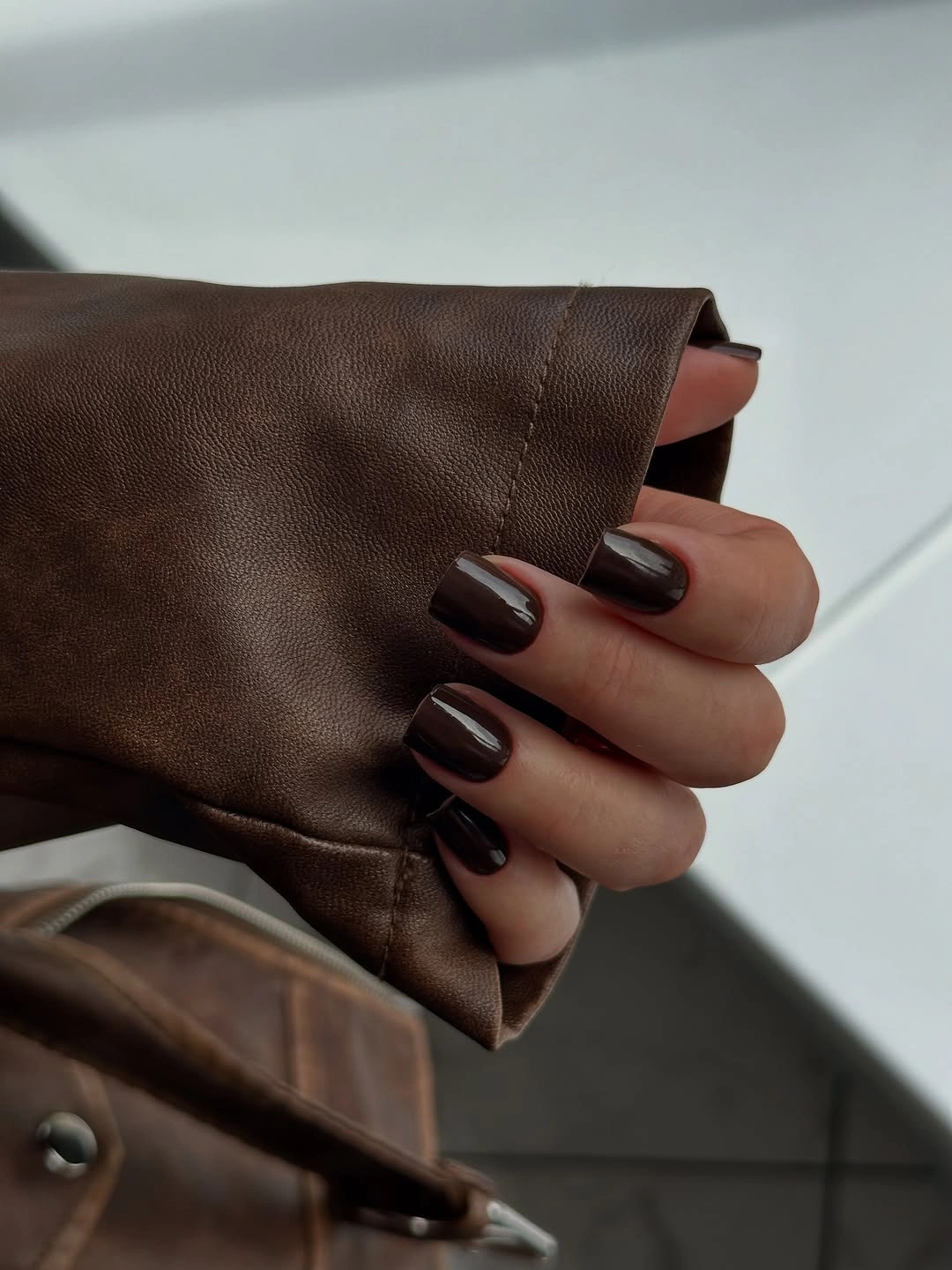 medium square nails in warm glossy chocolate brown