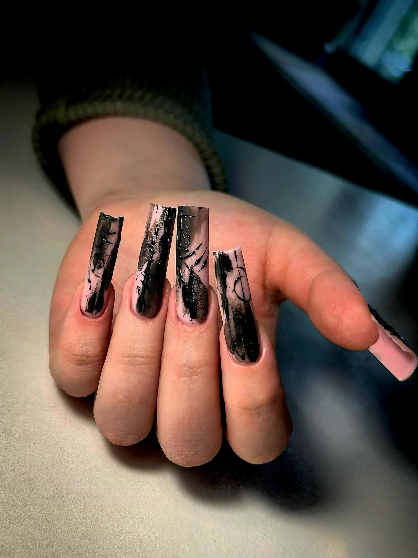 Medium-long black square nails with smoky gray-white streaks