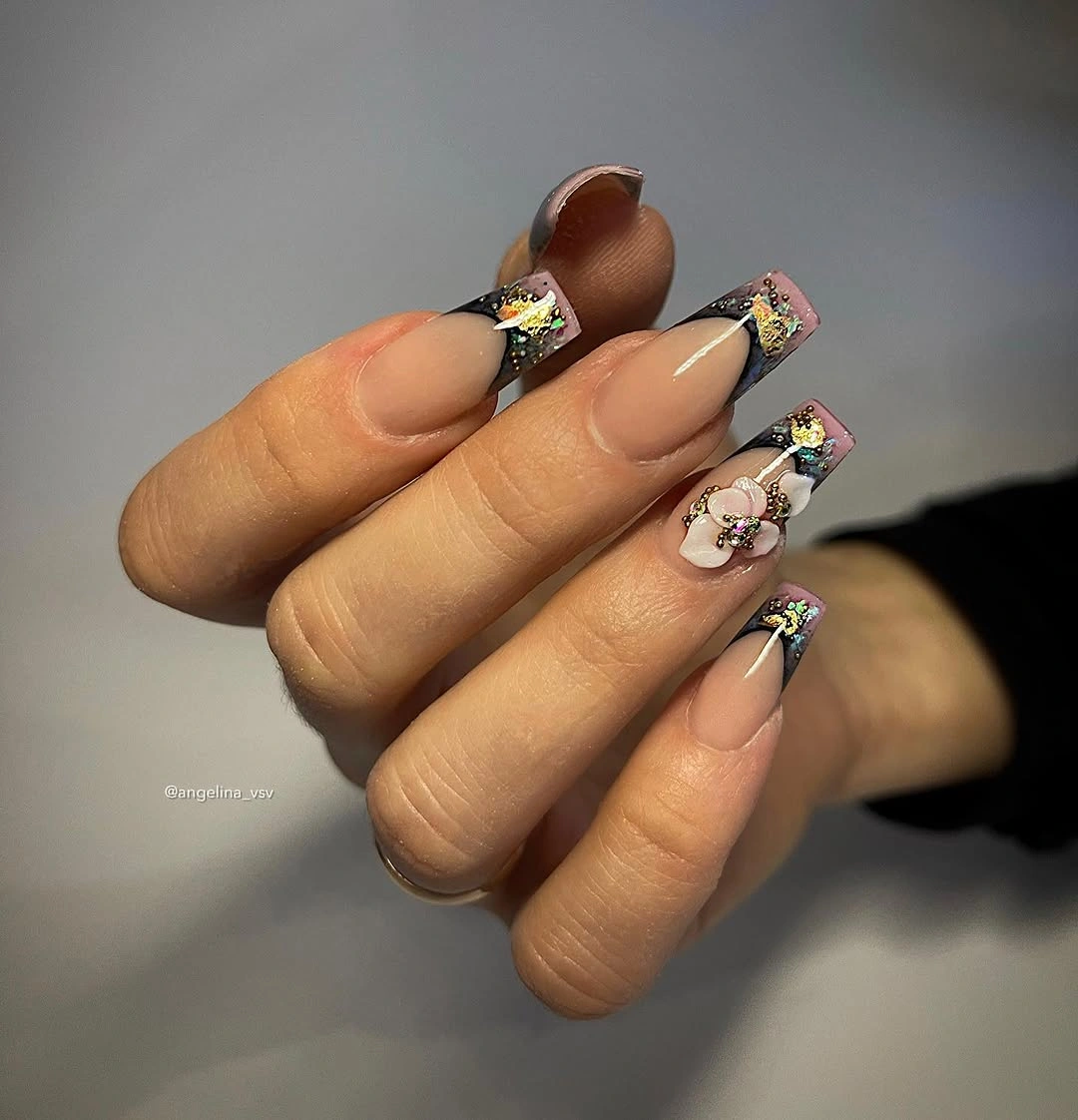Black mauve French nails with raised white flower