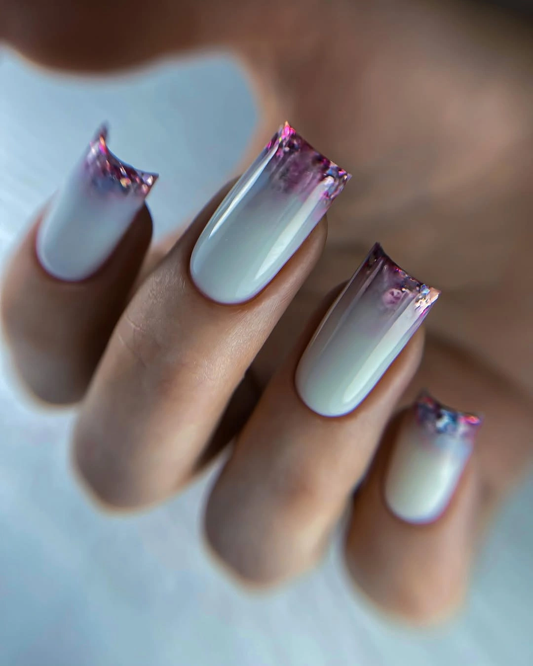 Long square nails with smoky purple translucent tips