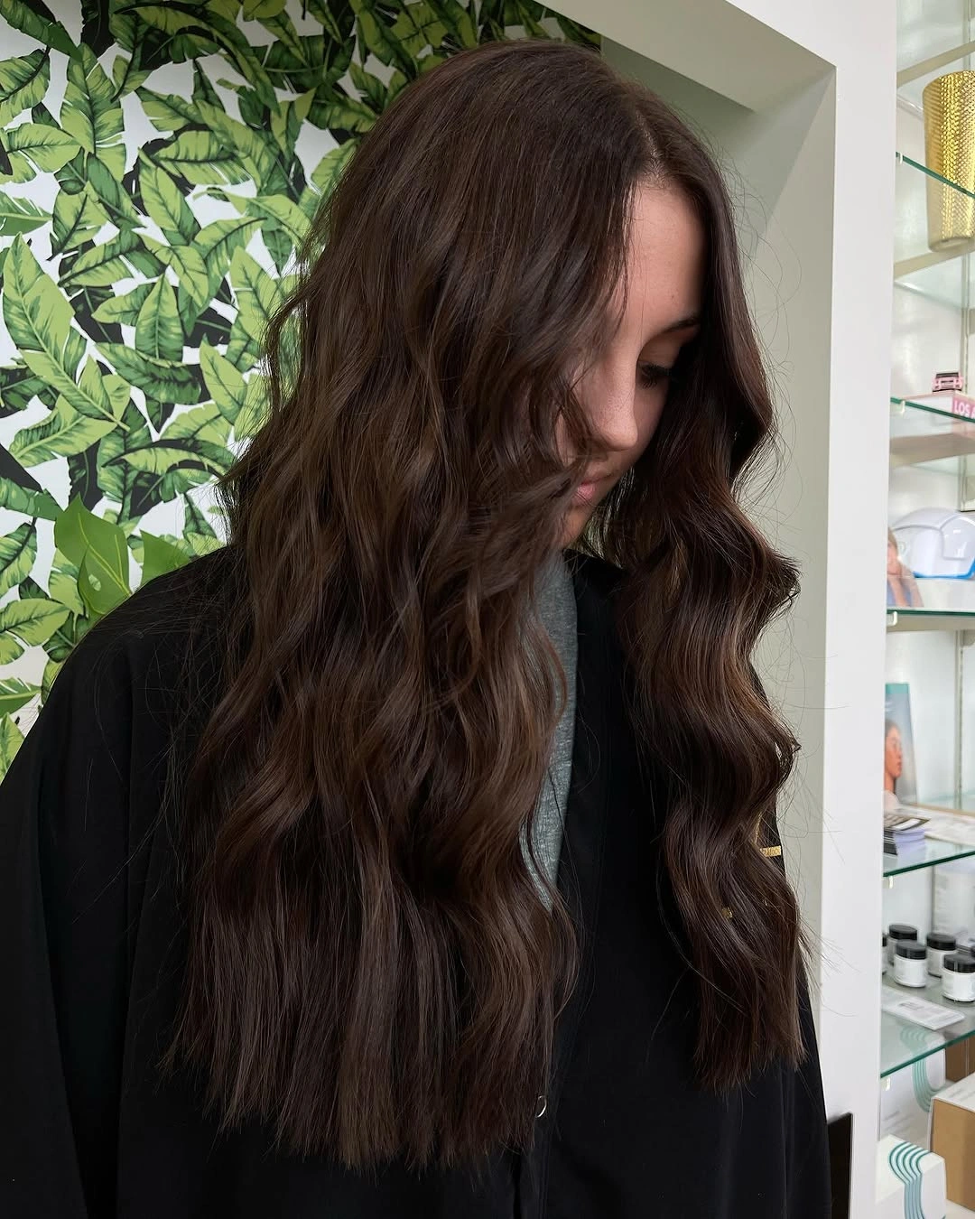 Long deep espresso brown hair in loose defined waves