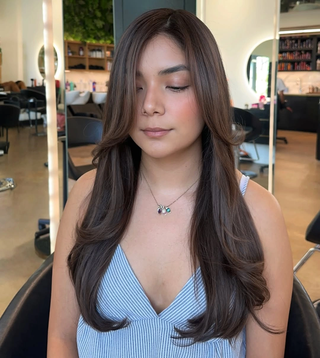 Long chestnut brown hair with smooth face framing layers