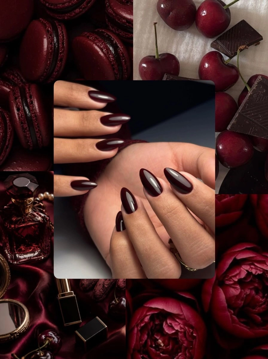 Long stiletto burgundy nails with one pale pink accent nail