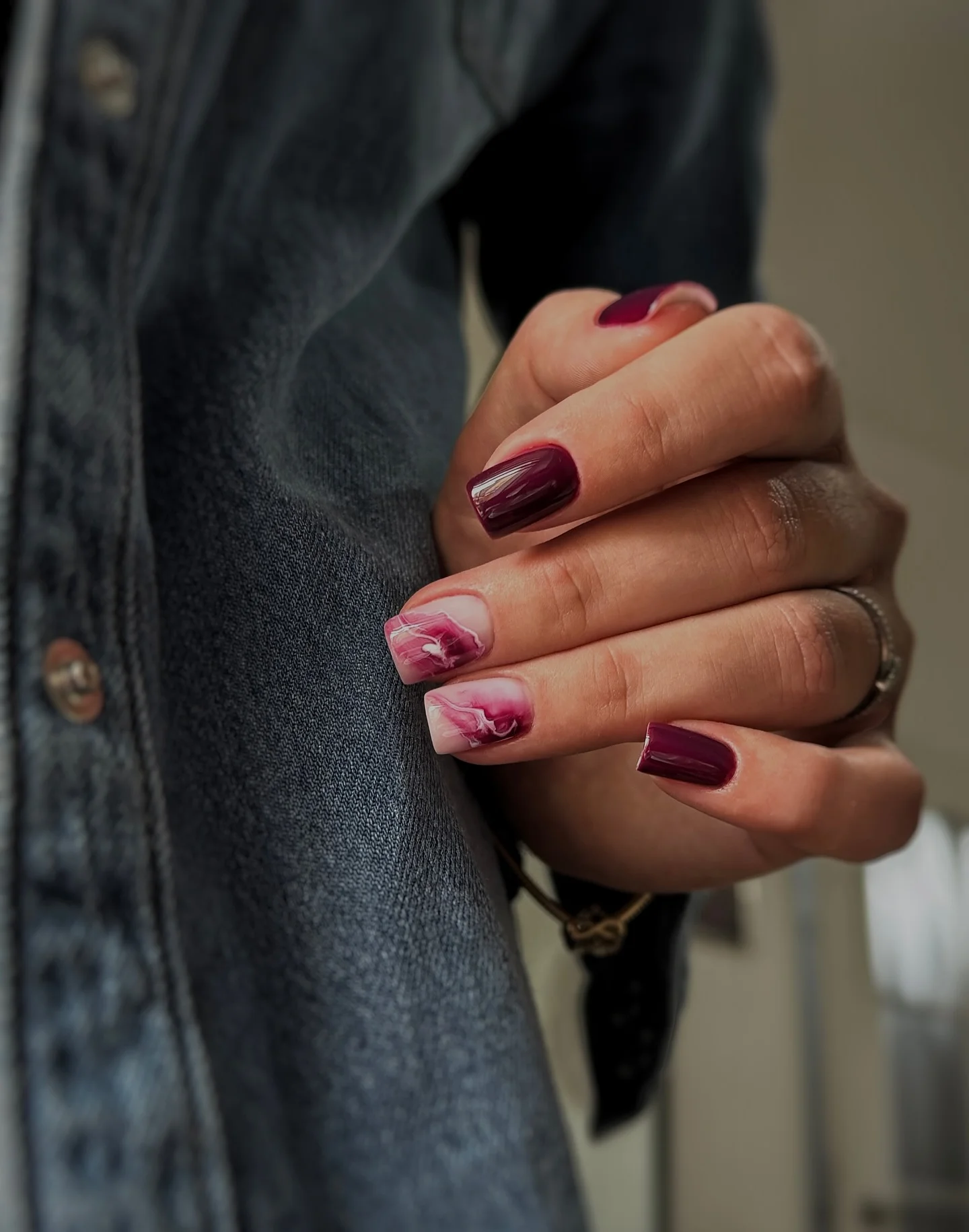 Medium coffin nails with burgundy blocks and pale pink curved accents