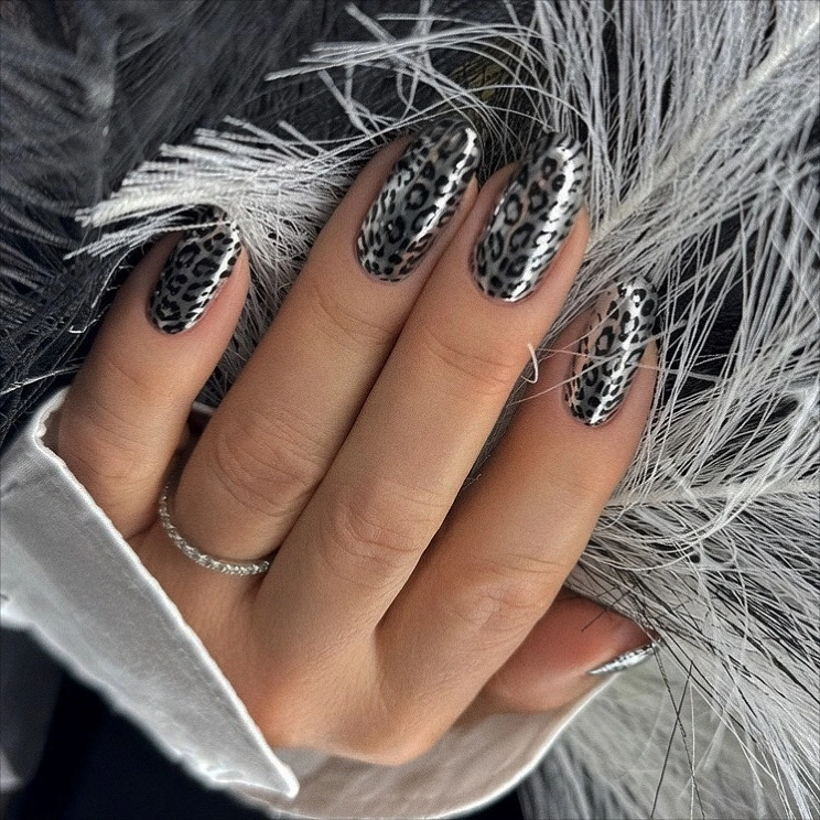 Long almond black and white patterned fall dip nails