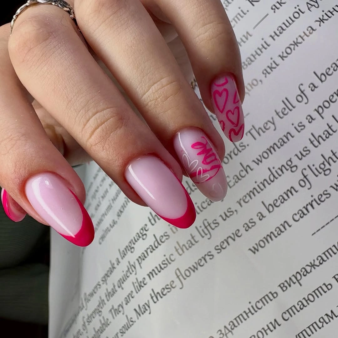 Pink almond nails with hot pink outlines and tiny hearts