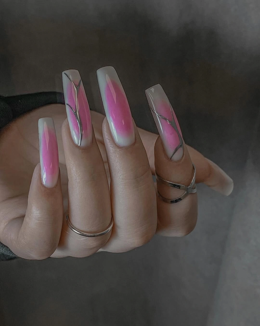 Long transparent nails with pink purple green and fine line art