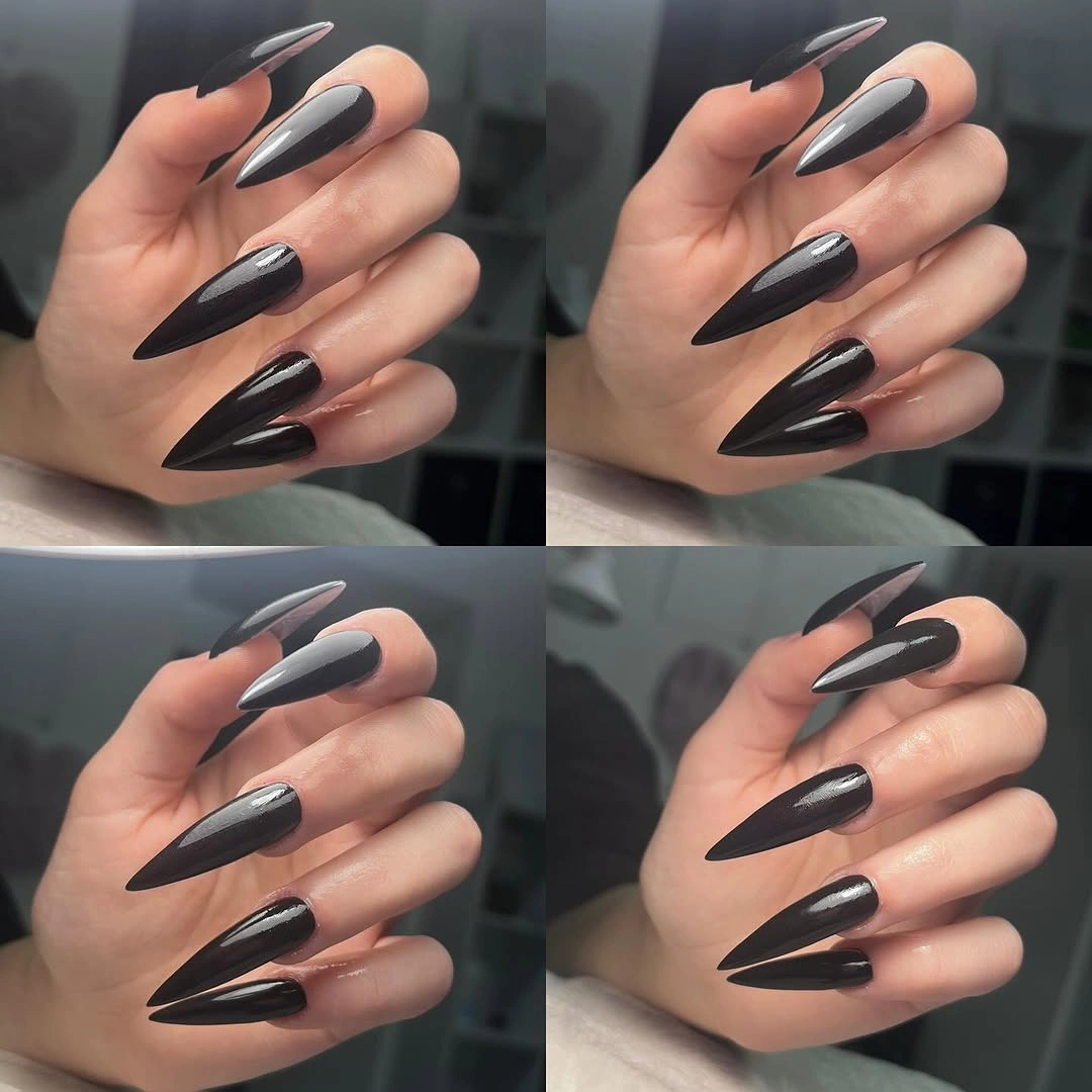 Long glossy black stiletto nails in a multi-angle collage