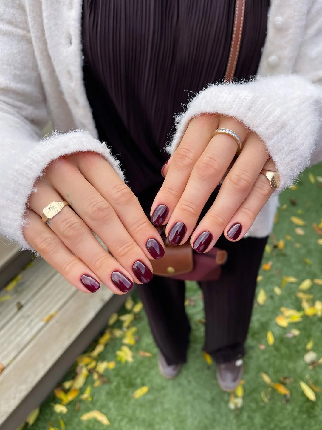 Short rounded glossy dark burgundy fall nails
