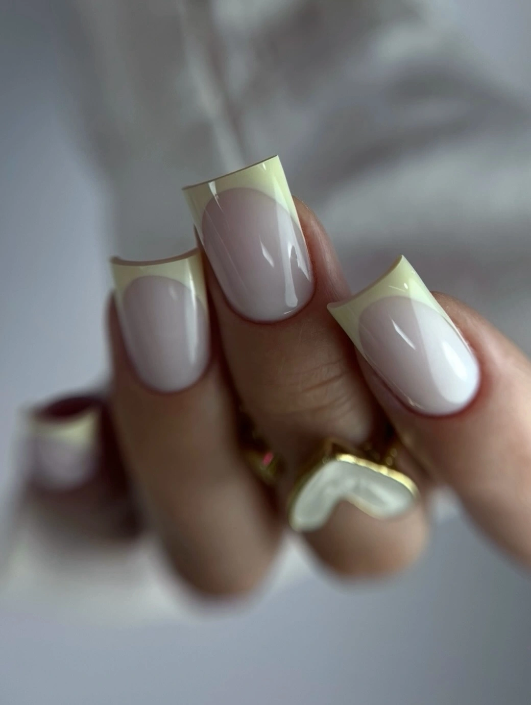 Medium square milky nails with pale yellow tips