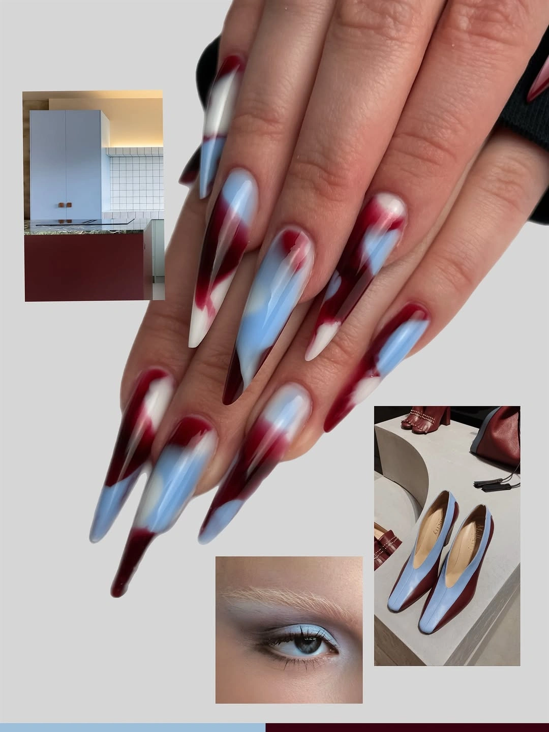 Long pointed pale blue burgundy brown and white diagonal panels