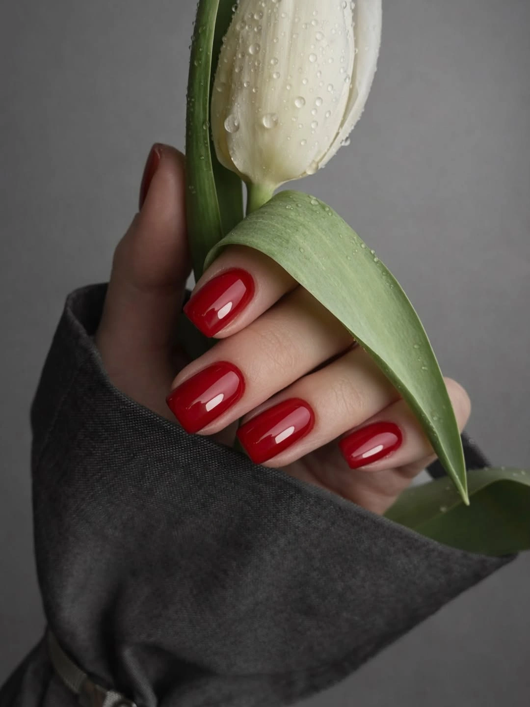 Short square nails in glossy bright red beside a white flower