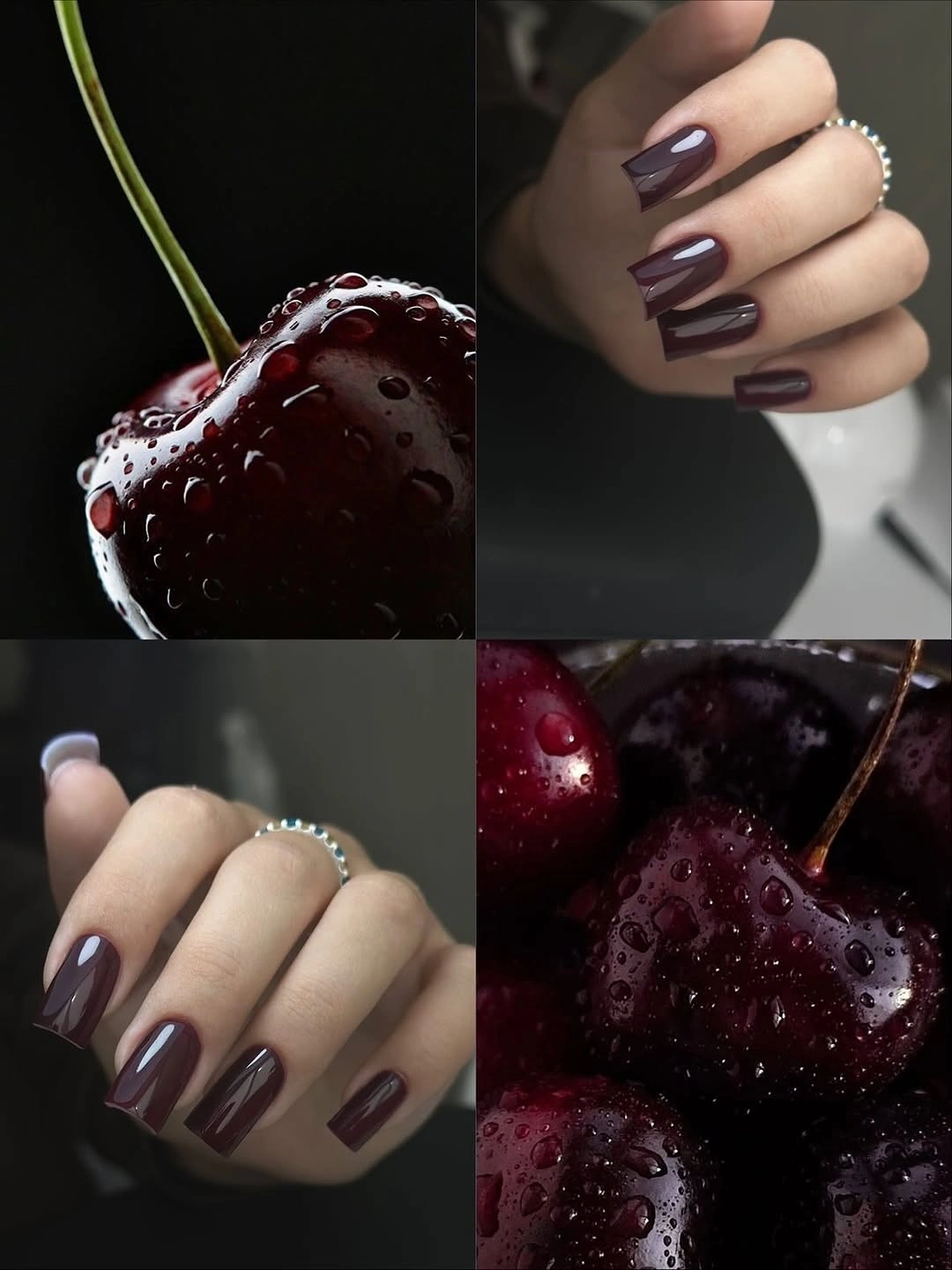 Short square nails in glossy plum and cherry berry tones