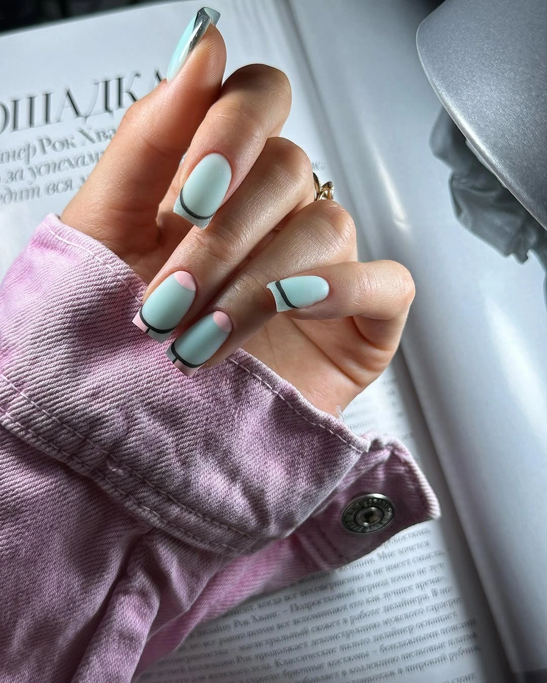 pale almond nails with mint double French curved tips