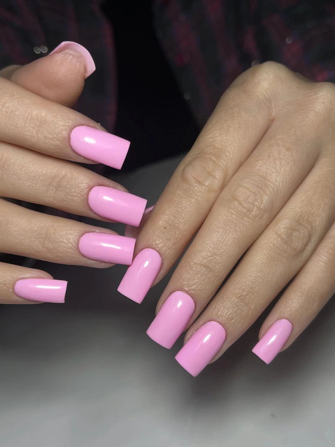 Medium square nails in saturated glossy bubblegum pink